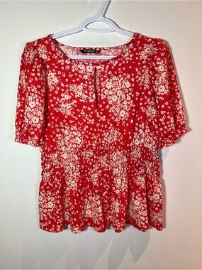 Dunnes Women’s Size 14 Red Floral Smocked Peplum Blouse